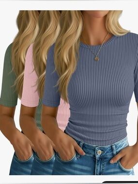 3 Pack Women's Elbow Length Sleeve Ribbed Crew Neck Slim Fit Casual Blouses, S